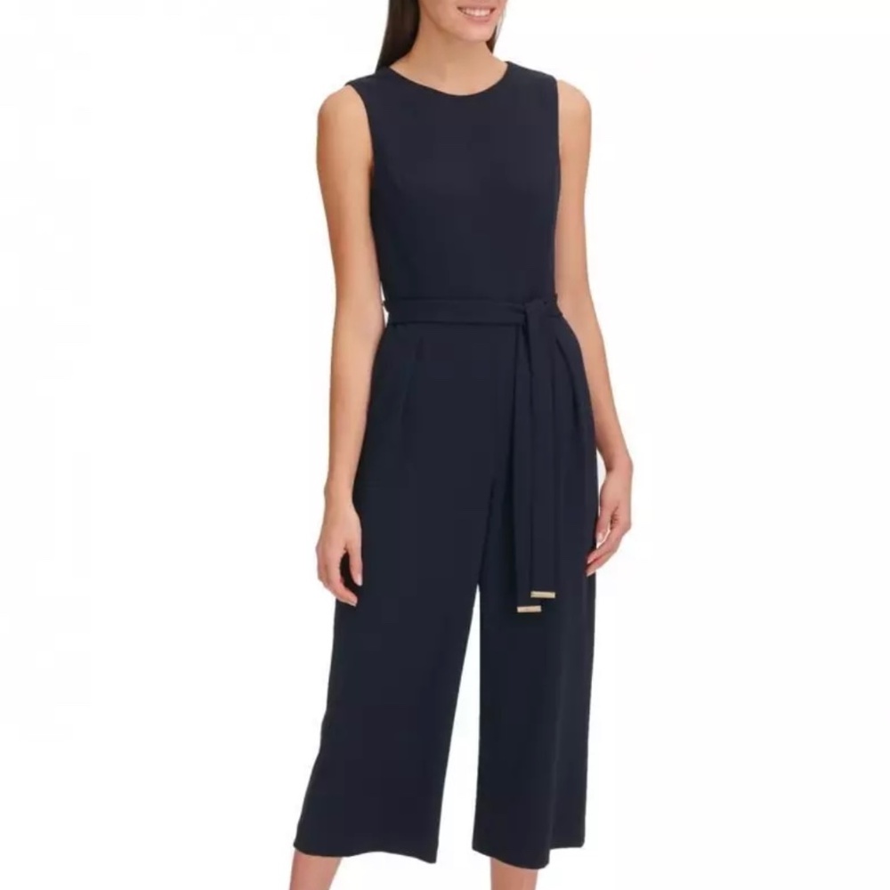 Tommy Hilfiger Women's Navy Cropped Belted Wide Leg Jumpsuit Sz 10 MSRP $129.00